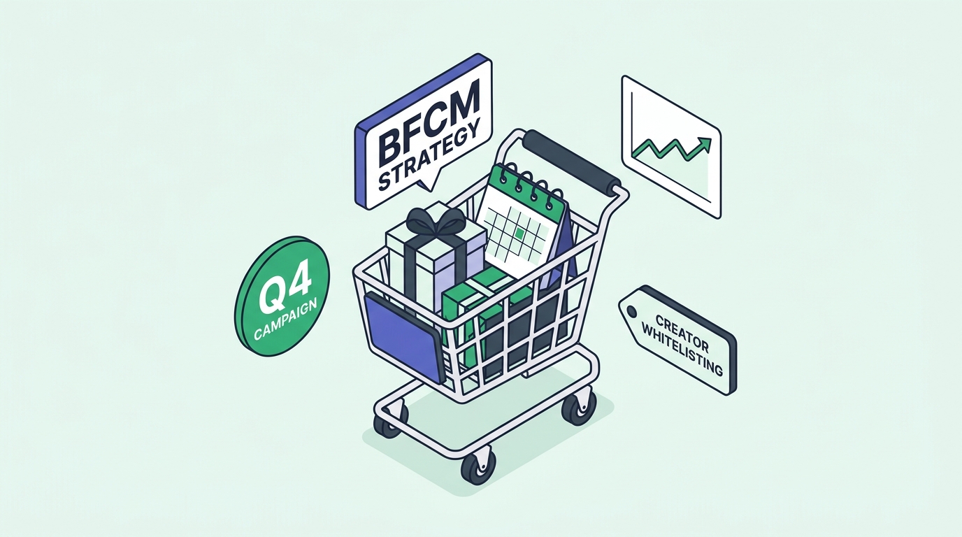 Clean isometric vector illustration of an e-commerce BFCM launch command center showing countdown timers, gift bundles, and creator delivery schedules