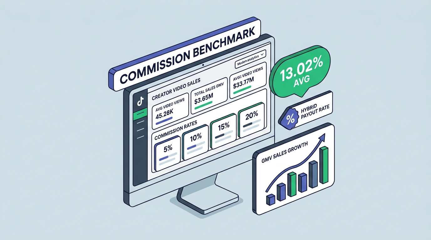 Clean isometric vector illustration of an analytics dashboard monitor tracking influencer marketing ROI, brand search lift, and multi-touch attribution metrics